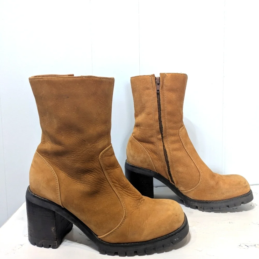 Vintage Y2K Brown Leather Chunky Heeled Ankle Boots Side Zip Boho Bratz Size 6 - Picture 5 of 12
